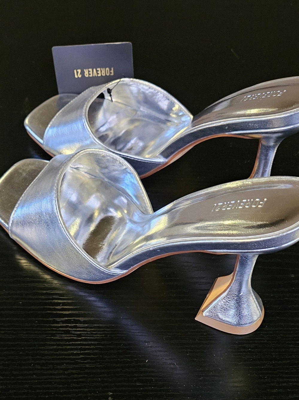 FOREVER 21 Silver Metallic Open-Toe Mule Heels - Picture 1 of 8
